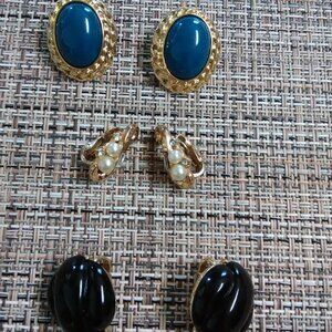 3 pair Trifari earrings - oval - black - pat pend pearl & rhinestone - clip ons